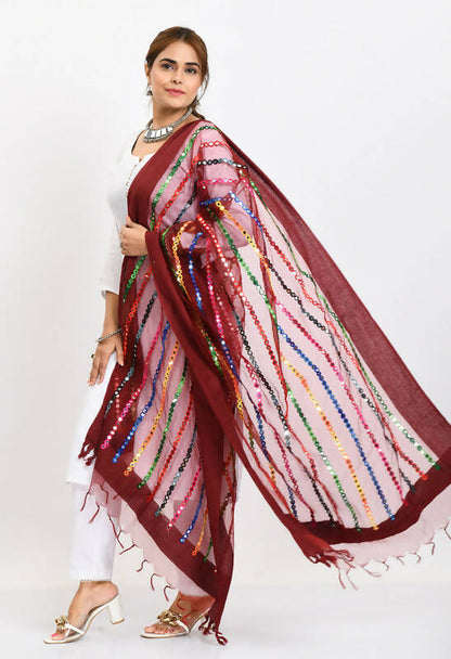 Mominos Fashion Moeza Women's Orgenza Multi Thread Mirror Work Maroon Dupatta - Distacart