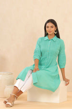 Thumbnail for Juniper Womens Blush Turquoise Cotton Slub Solid Mid Length Shirt Dress With Lace Detailing - Distacart