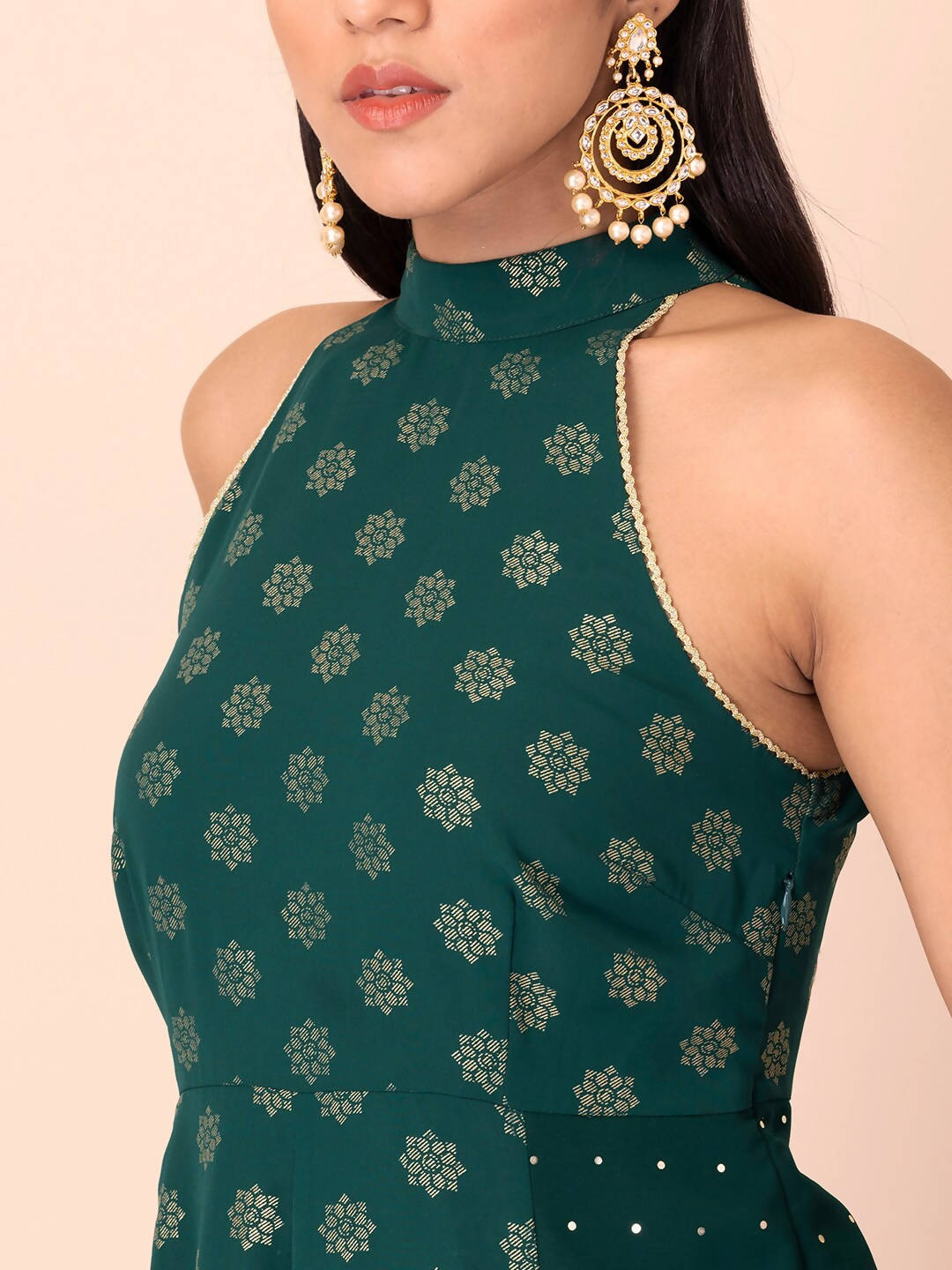 Indya Green Floral Printed Halter Neck Georgette Kurta With Zari Detail - Distacart