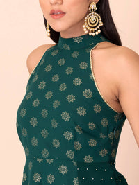 Thumbnail for Indya Green Floral Printed Halter Neck Georgette Kurta With Zari Detail - Distacart