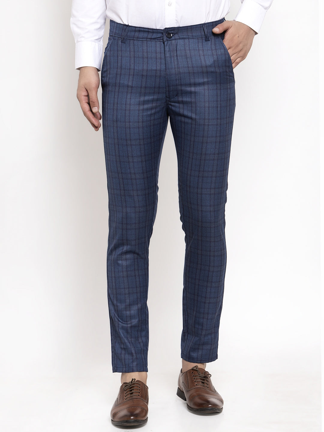 Jainish Men's Navy Cotton Checked Formal Trousers ( GP 259Navy-Blue ) - Distacart