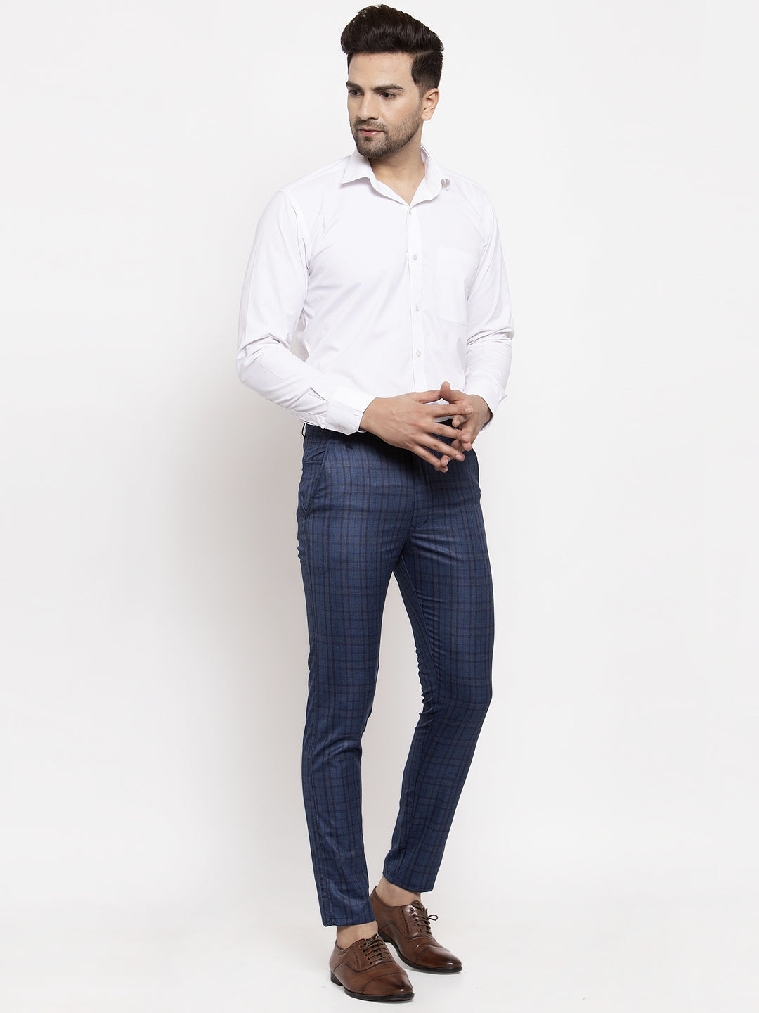 Jainish Men's Navy Cotton Checked Formal Trousers ( GP 259Navy-Blue ) - Distacart
