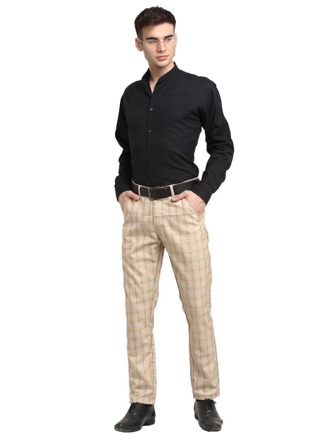 Jainish Men's Cream Cotton Checked Formal Trousers ( FGP 267Cream ) - Distacart