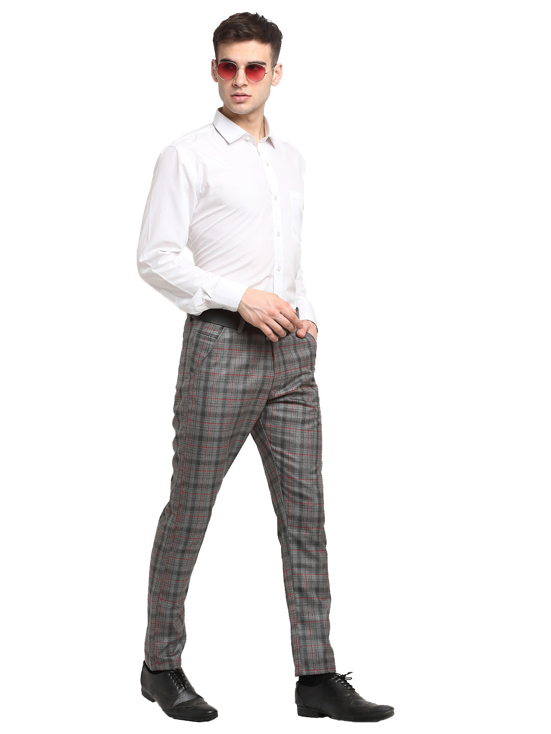 Jainish Men's Grey Cotton Checked Formal Trousers ( FGP 267Grey ) - Distacart