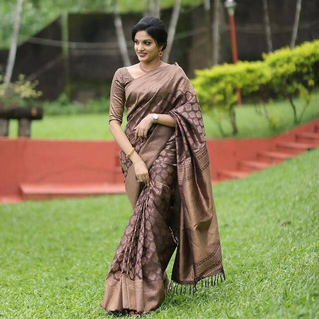 DEIANA'S Beautiful Golden Jari with New Design Soft Lichi Silk Saree - Brown - Distacart