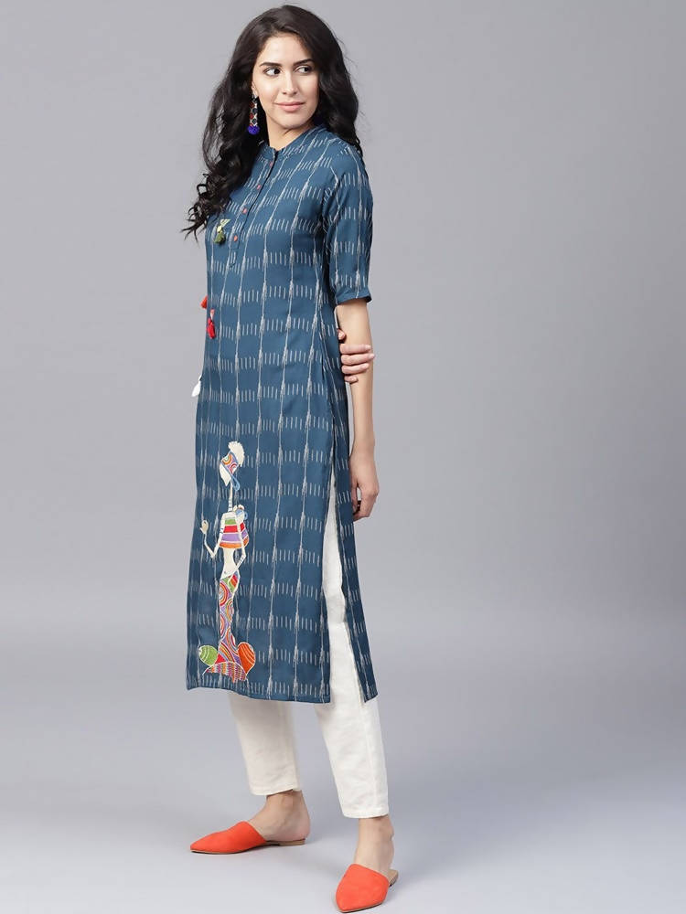 Yufta Women Navy Blue & Off-White Printed Straight Kurta