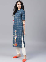 Thumbnail for Yufta Women Navy Blue & Off-White Printed Straight Kurta