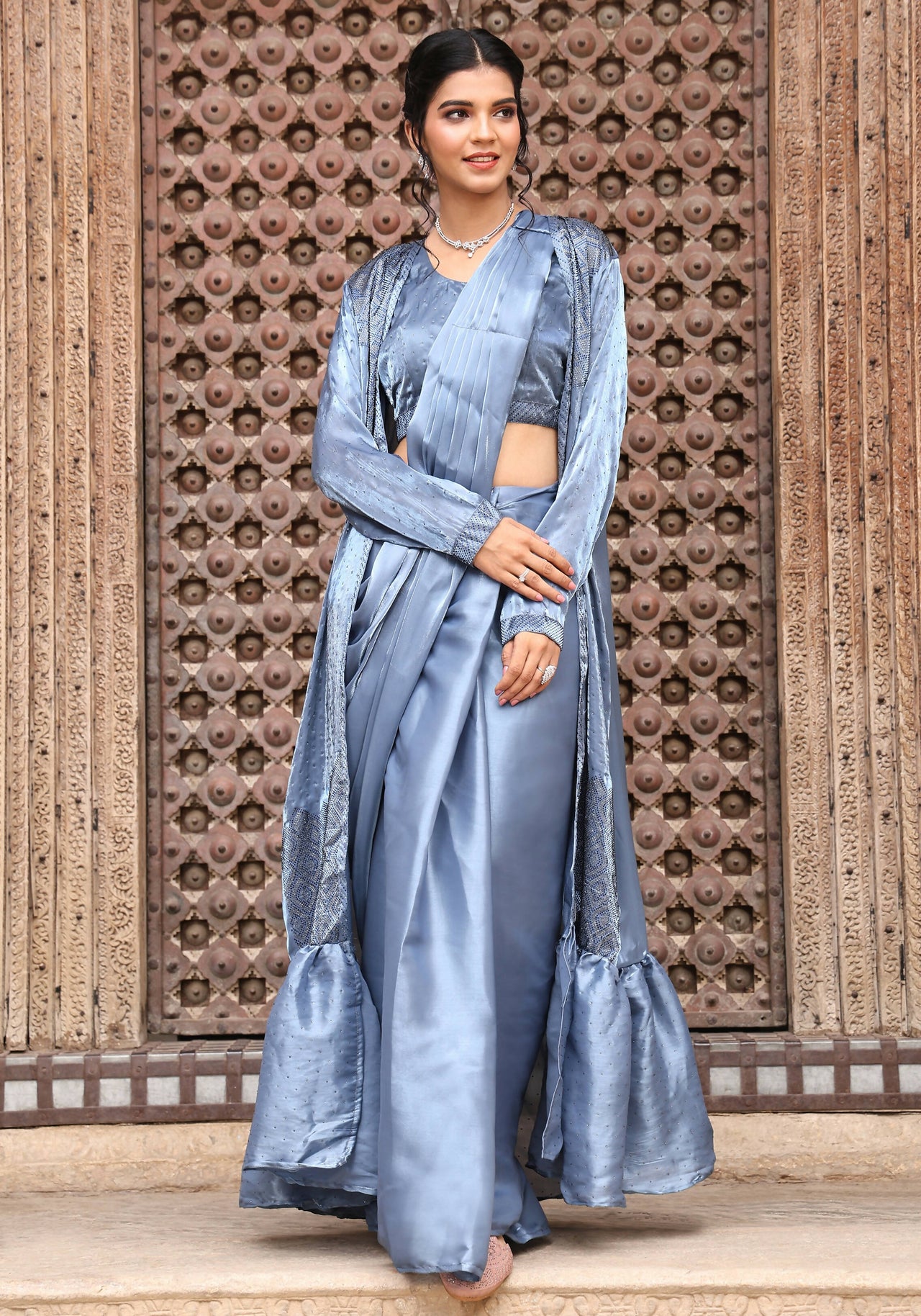 Sky Blue Tom Silk Plain Ready To Wear Saree With Stitched Blouse - Satiksha - Distacart