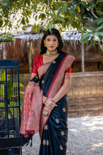 Thumbnail for Vishnu Weaves Women's Black Tussar Silk Zari Woven Saree with Blouse - Distacart