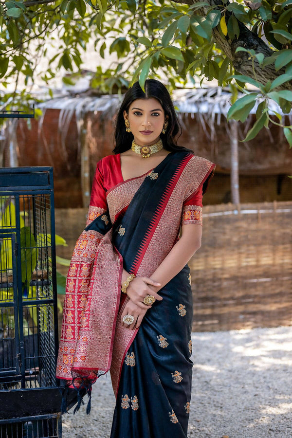Vishnu Weaves Women's Black Tussar Silk Zari Woven Saree with Blouse - Distacart