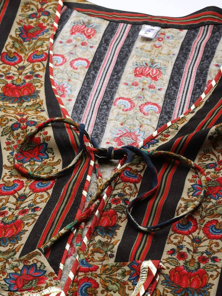 Yufta Women Black & Red Solid Embroidered Detail A-Line Maxi Dress with Ethnic Jacket