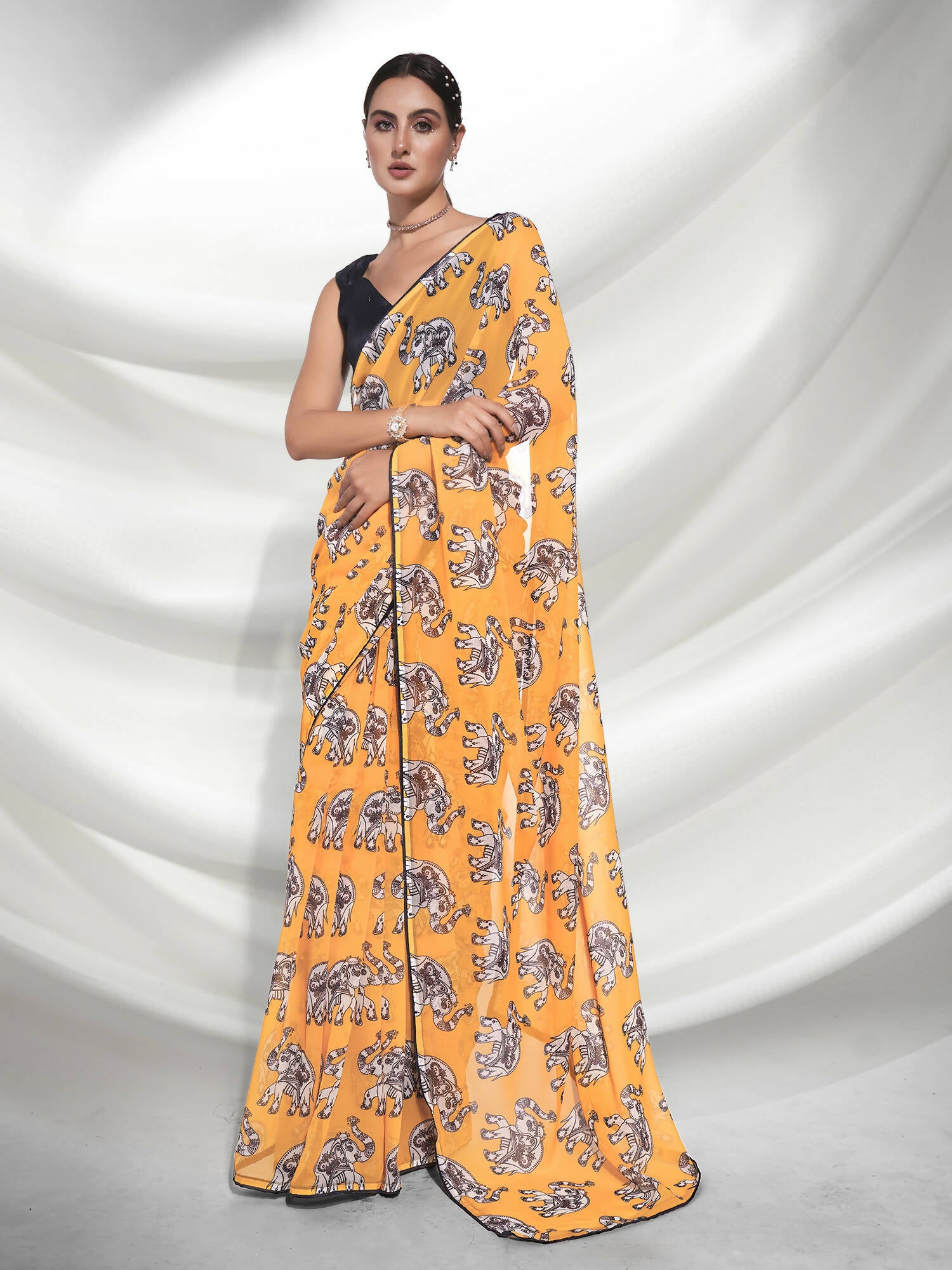 Yellow Georgette Animal Printed Saree With Unstitched Blouse Piece - Rajal - Distacart