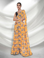 Thumbnail for Yellow Georgette Animal Printed Saree With Unstitched Blouse Piece - Rajal - Distacart