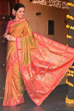 Thumbnail for Very Much Indian Handloom Yeola Pure Silk Paithani - Dual Tone Green Pink - Distacart