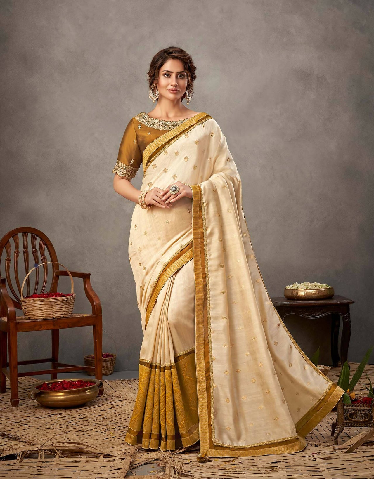 Off-White And Mustard Yellow Tusser Silk Zari And Sequins Embroidery Saree - Norita Arinya - Distacart