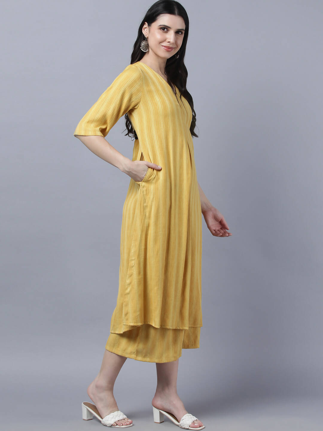 Myshka Stylish Yellow Cotton 3/4 Sleeve Women's Kurta Palazzo Set - Distacart