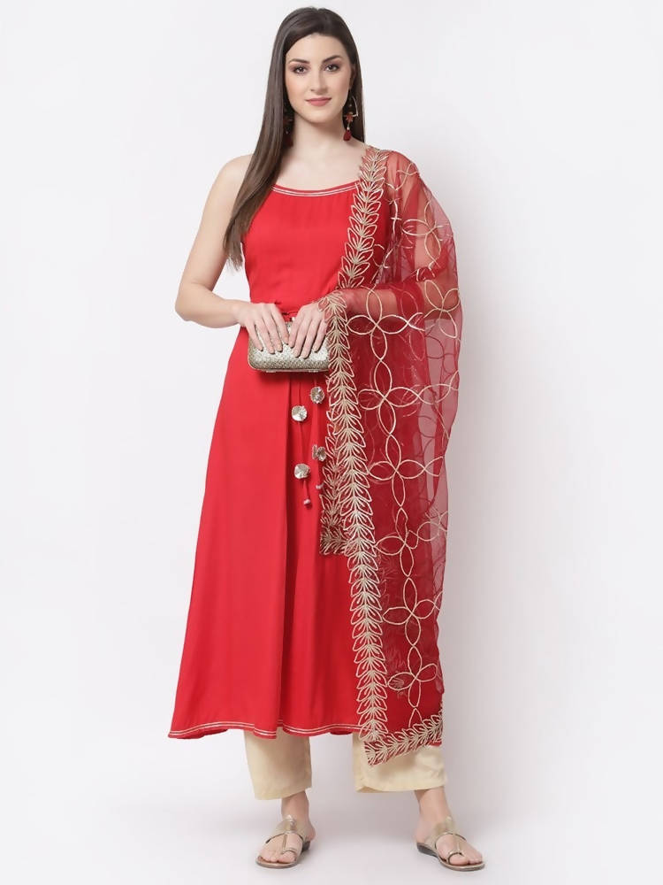Myshka Red Color Silk blend Solid Kurta With Dupatta Set