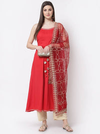 Thumbnail for Myshka Red Color Silk blend Solid Kurta With Dupatta Set