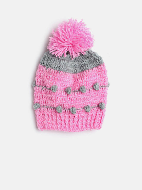 Chutput Kids Woollen Hand Knitted Pom Pom Detail Cap - Pink - Distacart