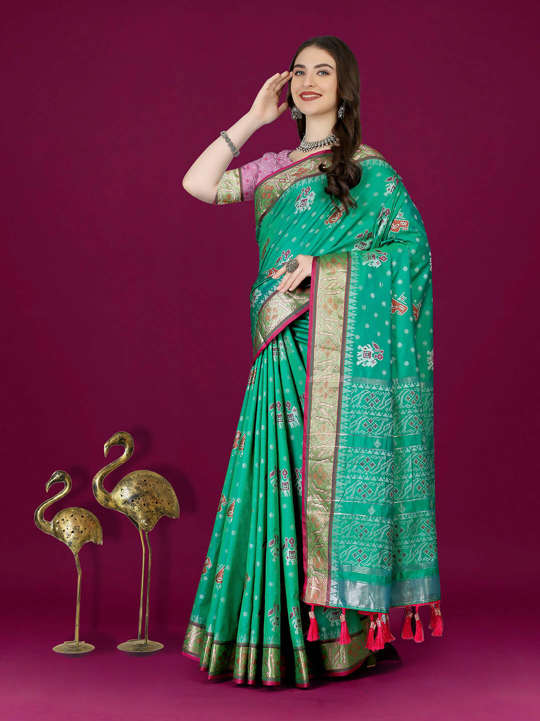 Lorenvalley Fashion Teal Patola Silk Woven Design Zari Meenakari Weaving Saree - Distacart
