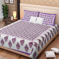Thumbnail for Vamika Printed Cotton White & Purple Bedsheet With Pillow Covers