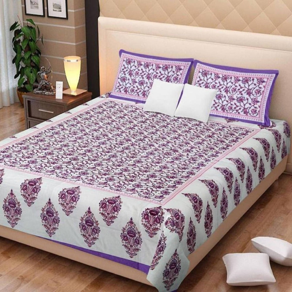 Vamika Printed Cotton White & Purple Bedsheet With Pillow Covers