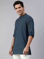 Thumbnail for Janasya Men Navy Blue & Yellow Geometric Printed Kurta - Distacart