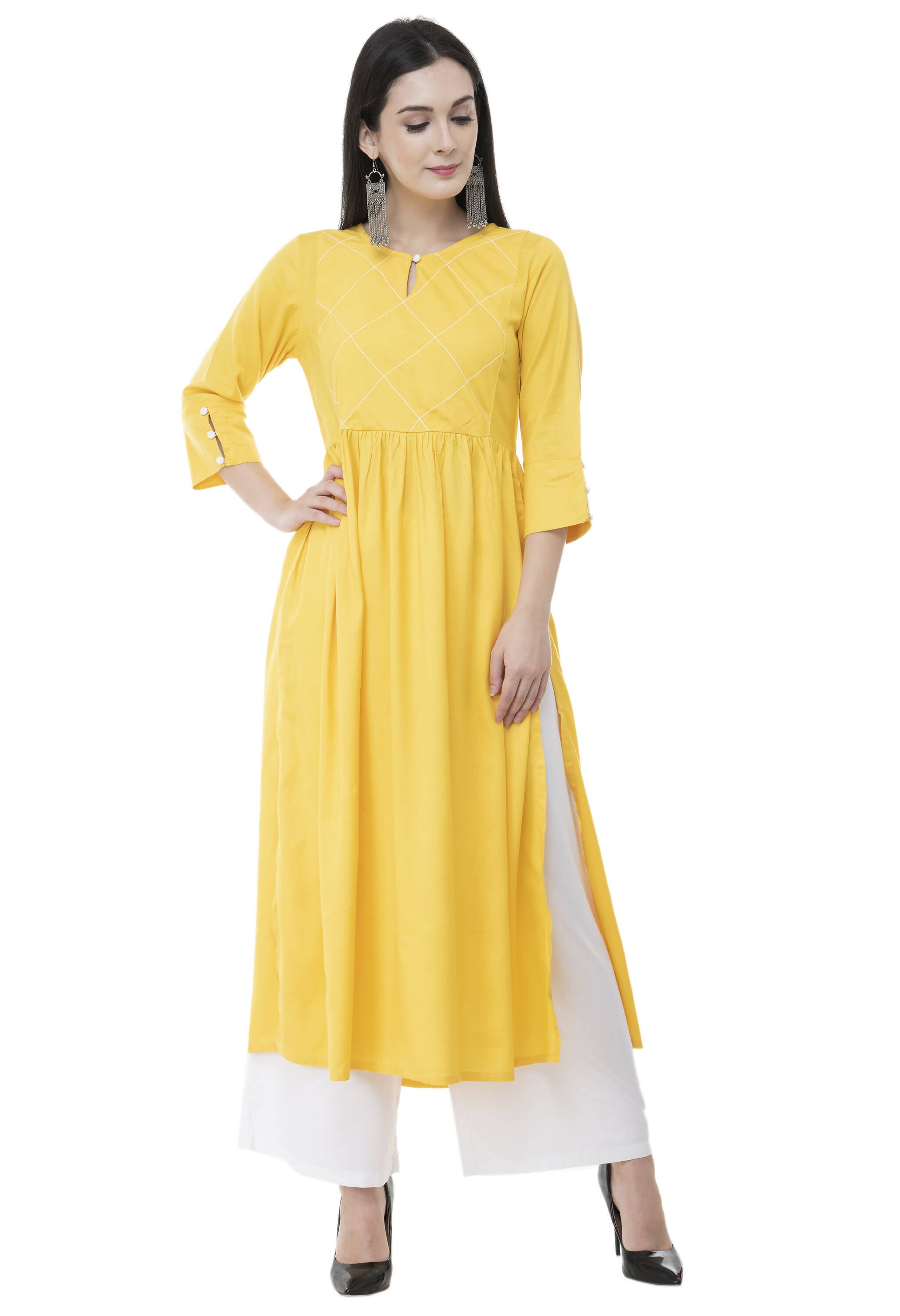 Women's Yellow Thread Work Emb Kurti With Side Slits - G & A Apparels - Distacart
