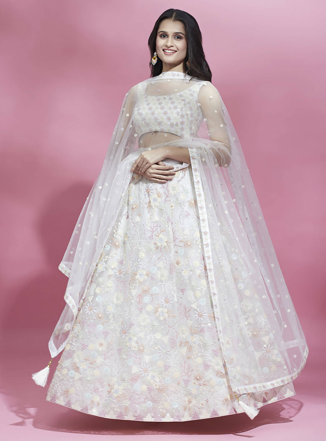 House of Panchhi Cream Net heavy Sequinse embroidery Lehenga choli & Dupatta - Distacart