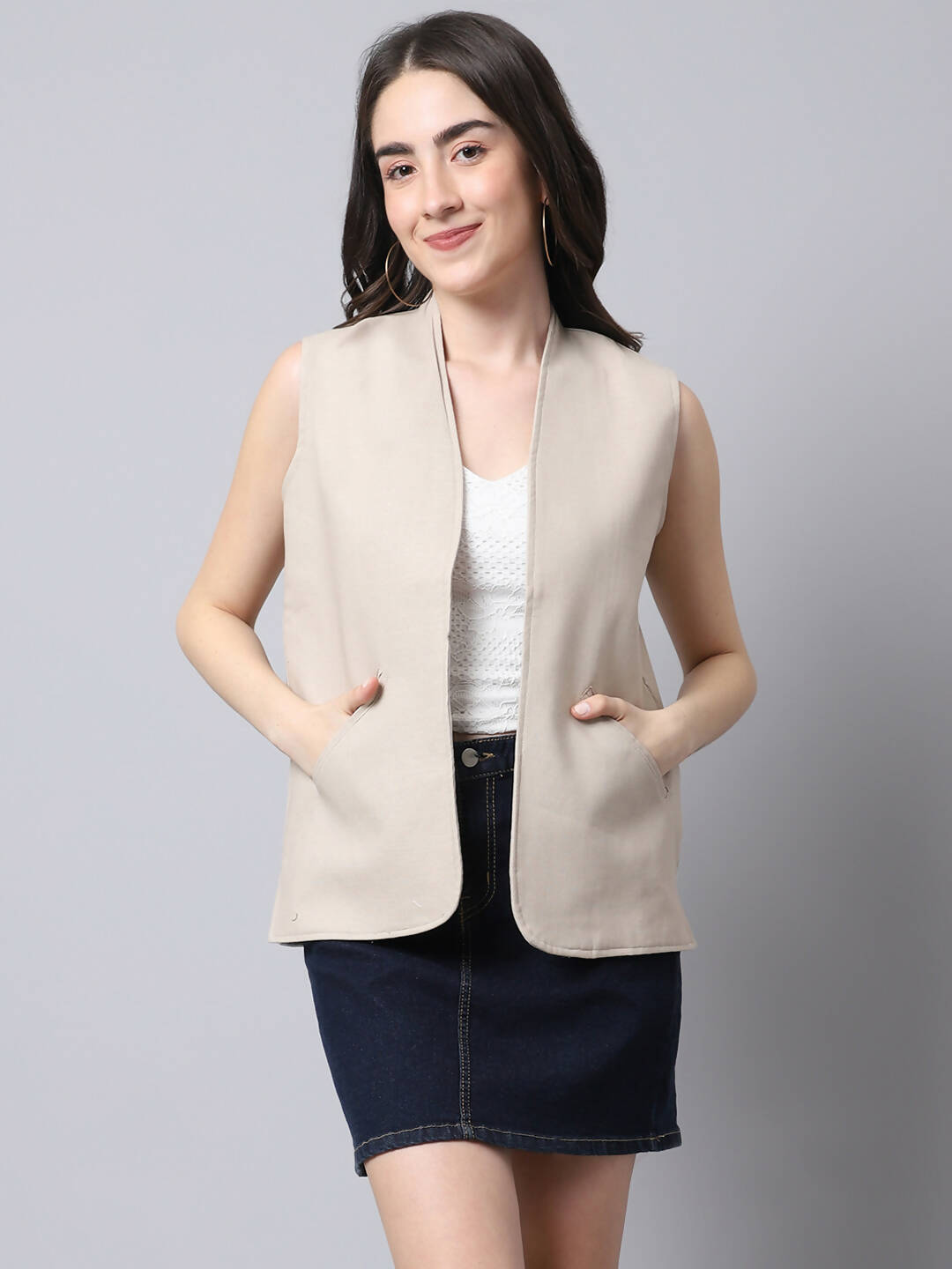 Even Apparels Cream Linen Cotton Open Front Women's Waistcoat - Distacart