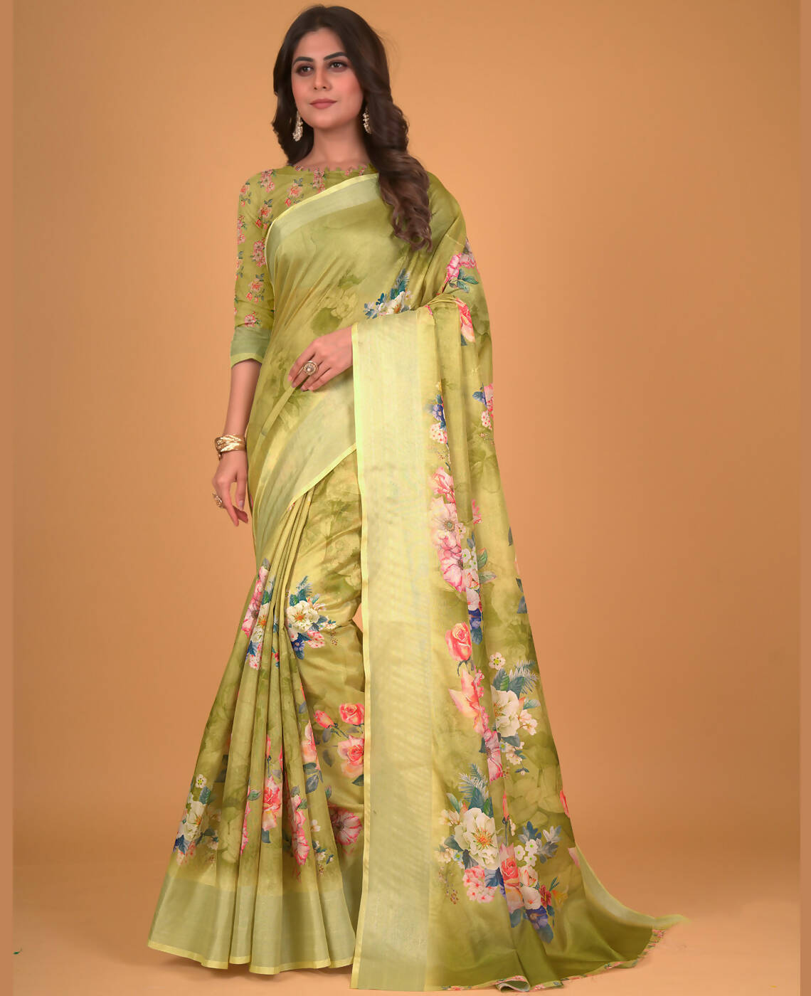 Green Cotton Silk Floral Printed Saree With Unstitched Blouse Piece - Akshita - Distacart
