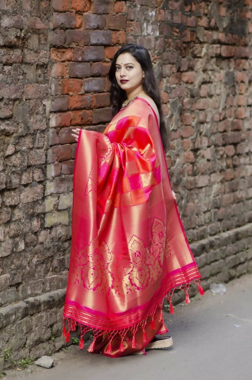 DEIANA'S Beautiful Golden Jari with New Design Soft Lichi Silk Saree - Red - Distacart
