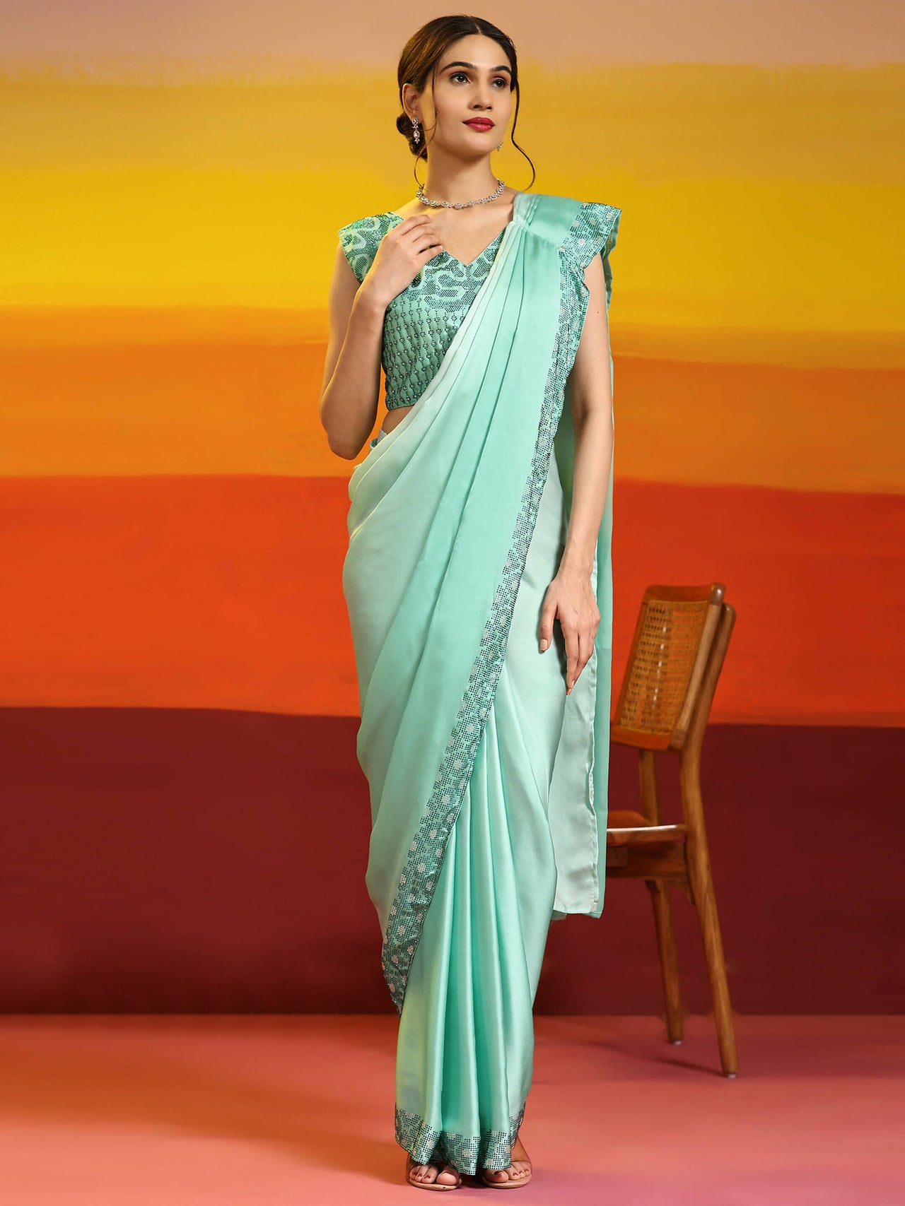 Sea Green Ombre Satin Georgette Plain Ready to wear Saree with stitched Blouse - Vrinda - Distacart