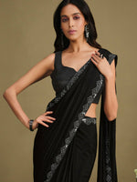Thumbnail for Black Crepe Silk Sequence Embroidered & Stone Work With Sequence Work Jacket Saree With Stitched Blouse - Mohmanthan La Belle - Distacart
