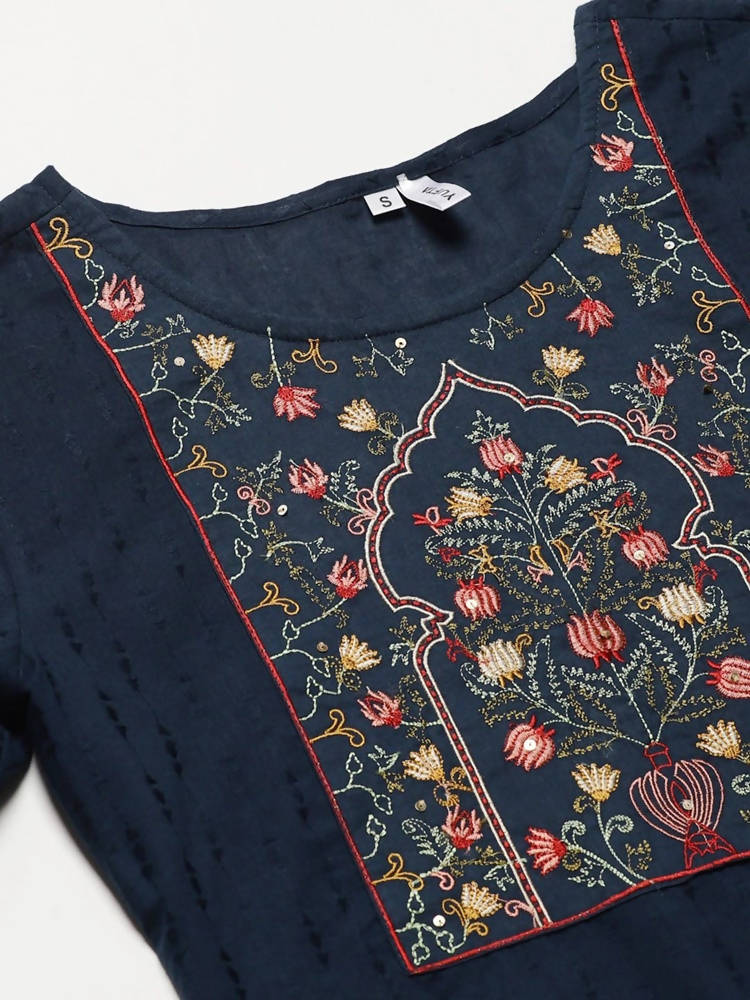 Yufta Women Navy Blue & Off-White Dobby Weaved Kurta with Trouser & Dupatta