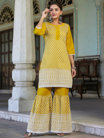 Juniper Women's Mustard Chinnon Embroidered Kurta Garara Set - Distacart