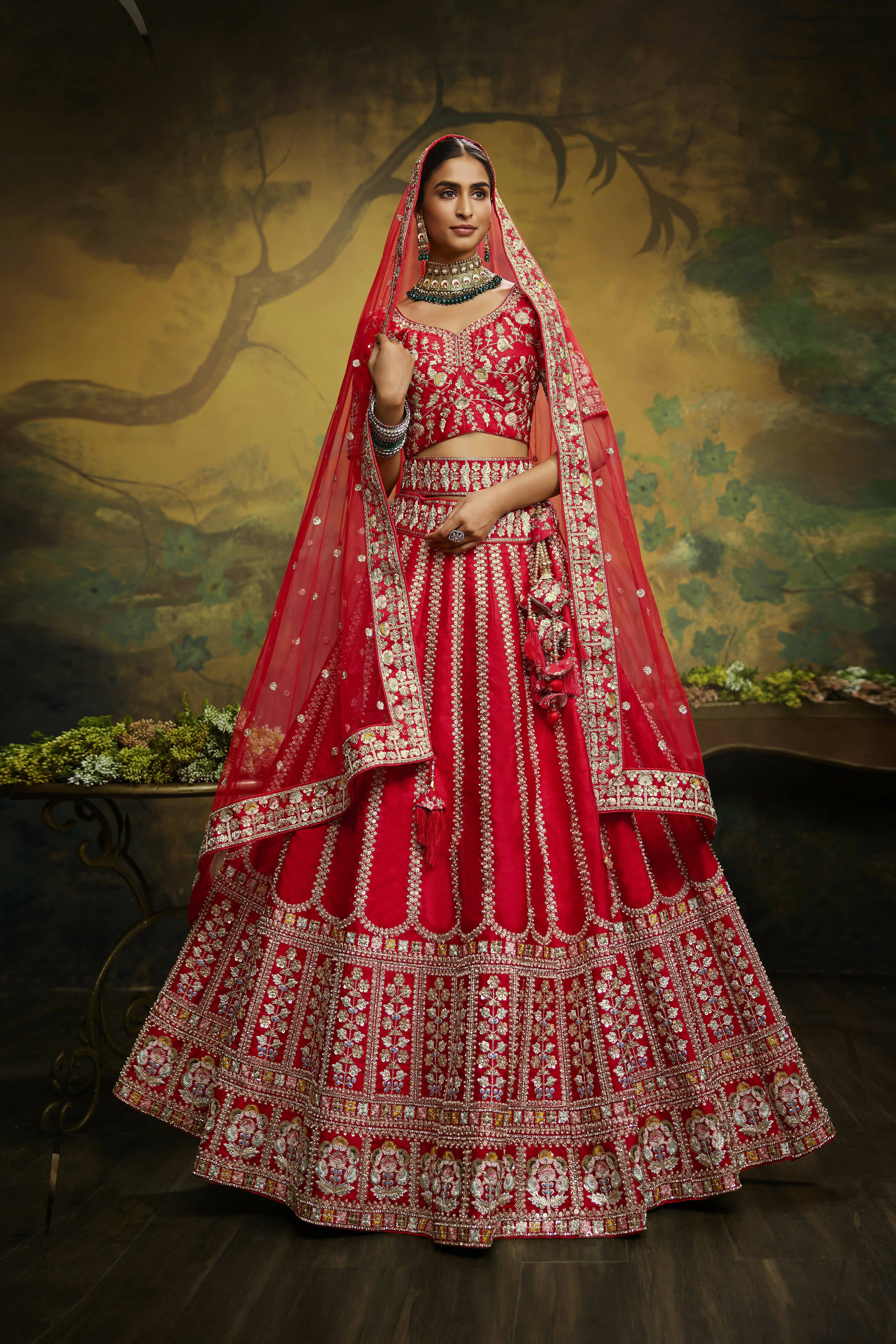 House of Panchhi Red Pure Silk Moti & Zarkan heavy embroidery Lehenga choli & Dupatta - Distacart