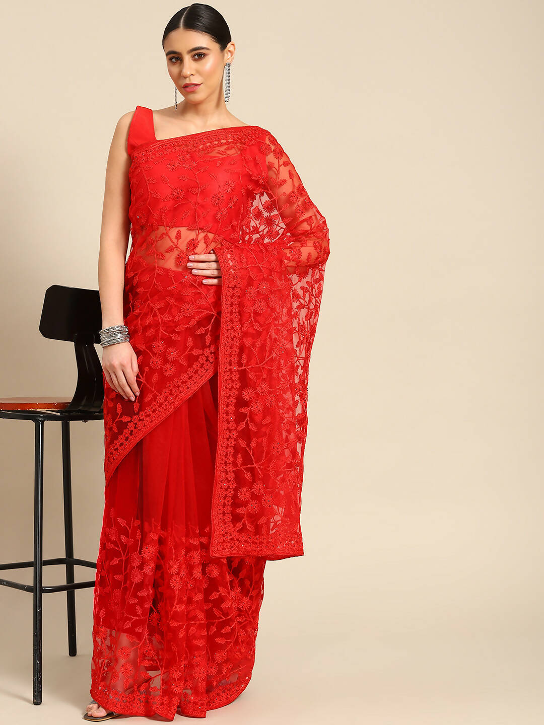 Red Woven Design Net Saree with Blouse Piece - Kalamkari - Distacart