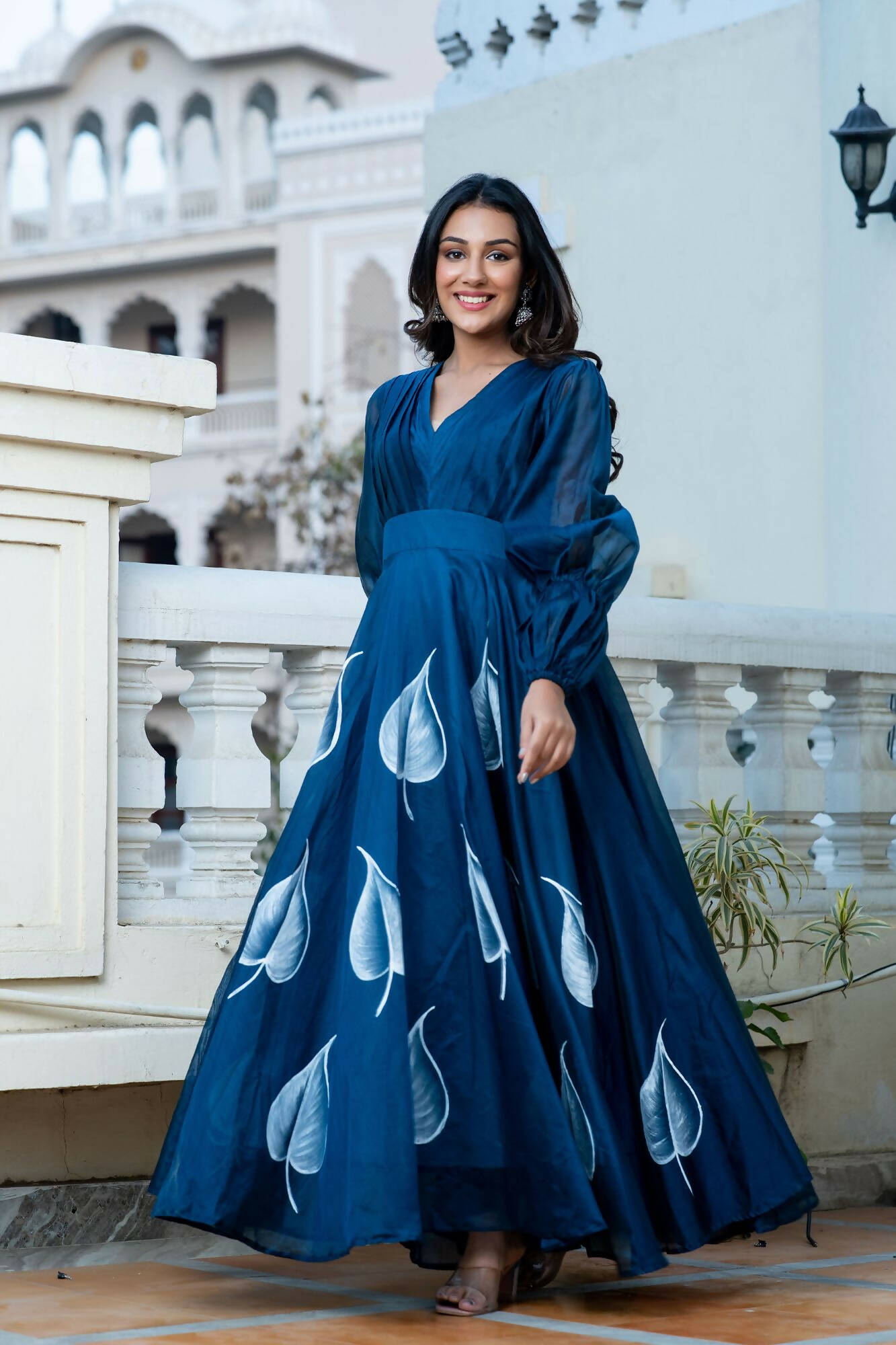 Blue Cotton Tiered Indo Western Style Gown Dress – Missprint India