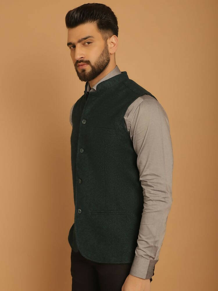 Even Apparels Pure Wool Nehru Jacket - Green - Distacart