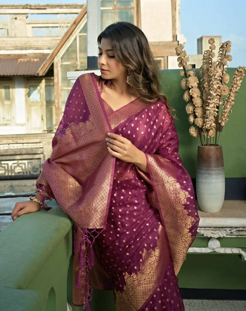 Charming Designer Deep Wine Color Organza Silk Saree With Weaving Work - Yomika Fashions - Distacart