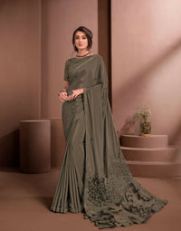 Thumbnail for Brown Colored Crepe Embroidered Saree With Unstitched Blouse - Norita Raissa - Distacart