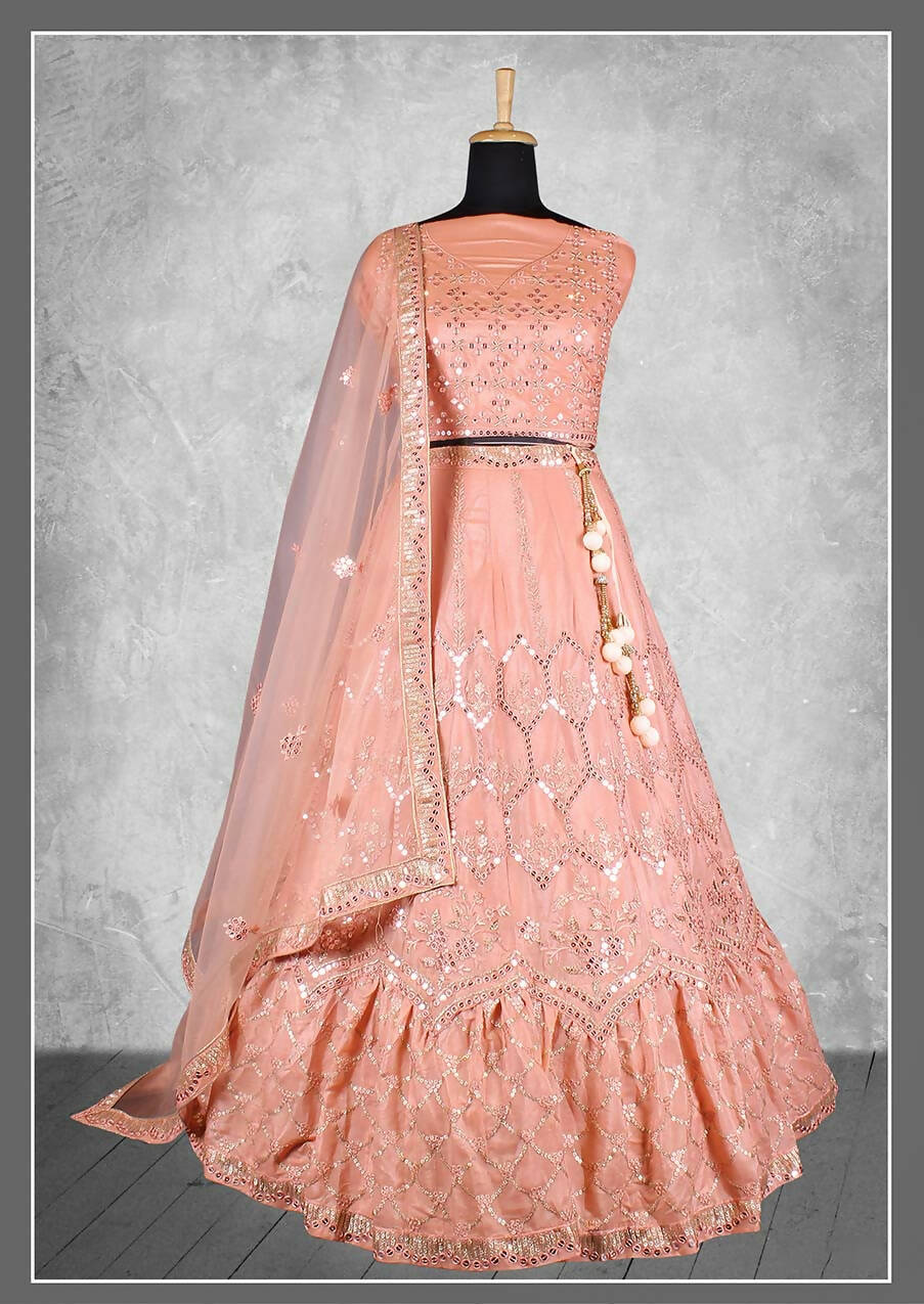 Peach Satin Silk Sequins and cord embroidery, cut work Bridal lahenga Choli with Dupatta - Nimaya Pavitra Rista - Distacart