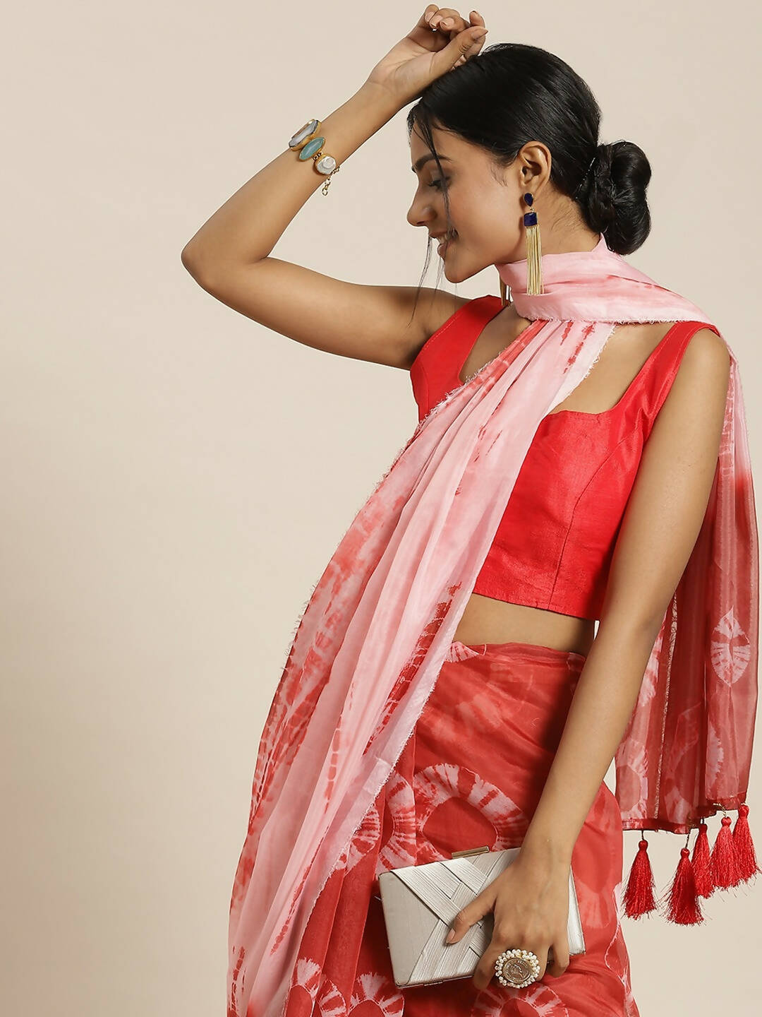 Red Organza Printed Saree With Blouse Piece - Nivaa - Distacart