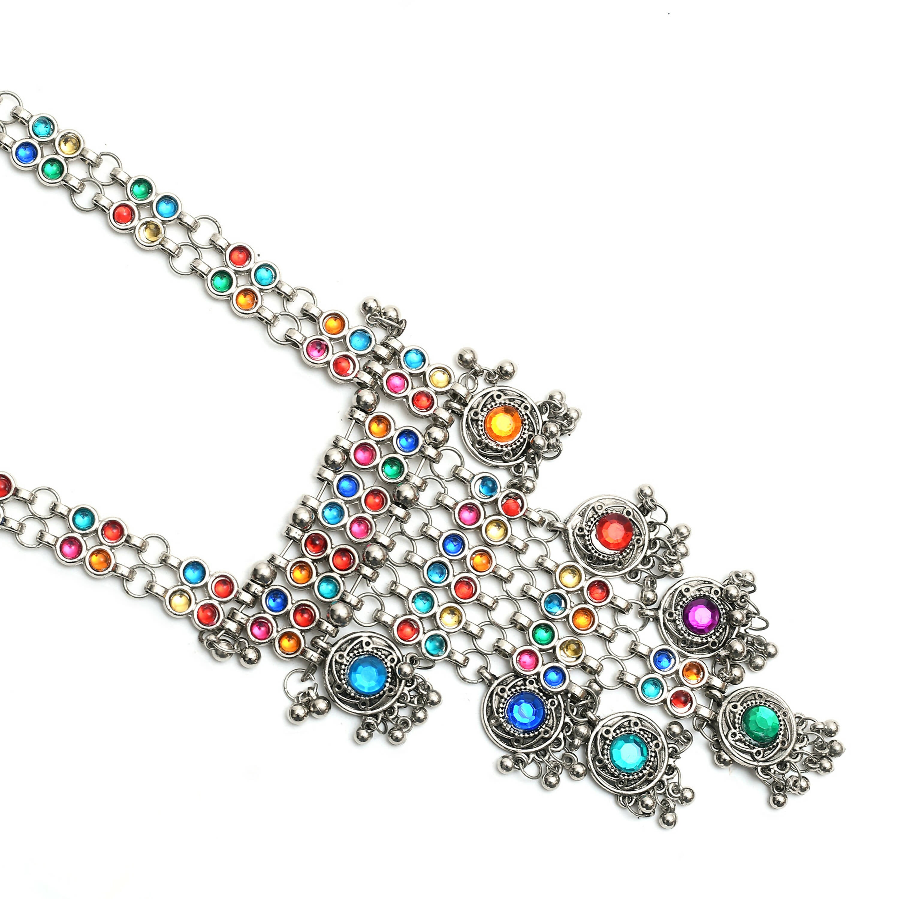 Mominos Fashion Johar Kamal Oxidised Silver-Plated Brass Finish Multi Kundan Afghani Long Necklace For Women - Distacart