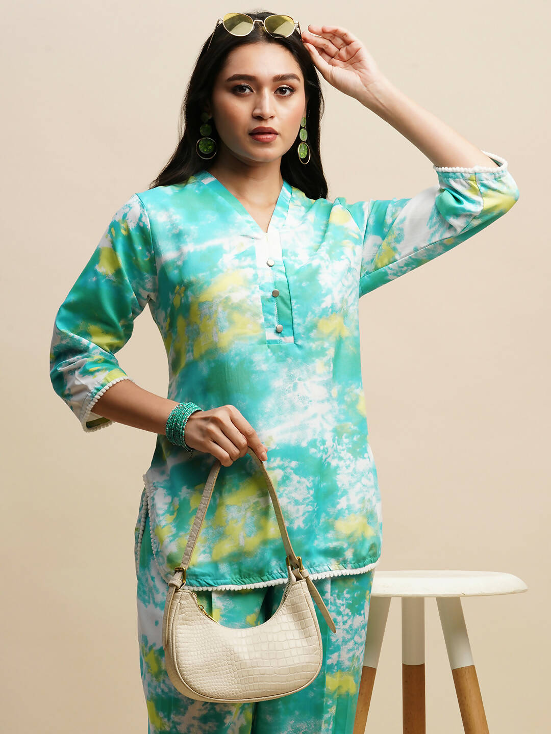 Sky Blue Poly Rayon Tie and dye Printed Top with Matching Trouser - Shivani - Distacart