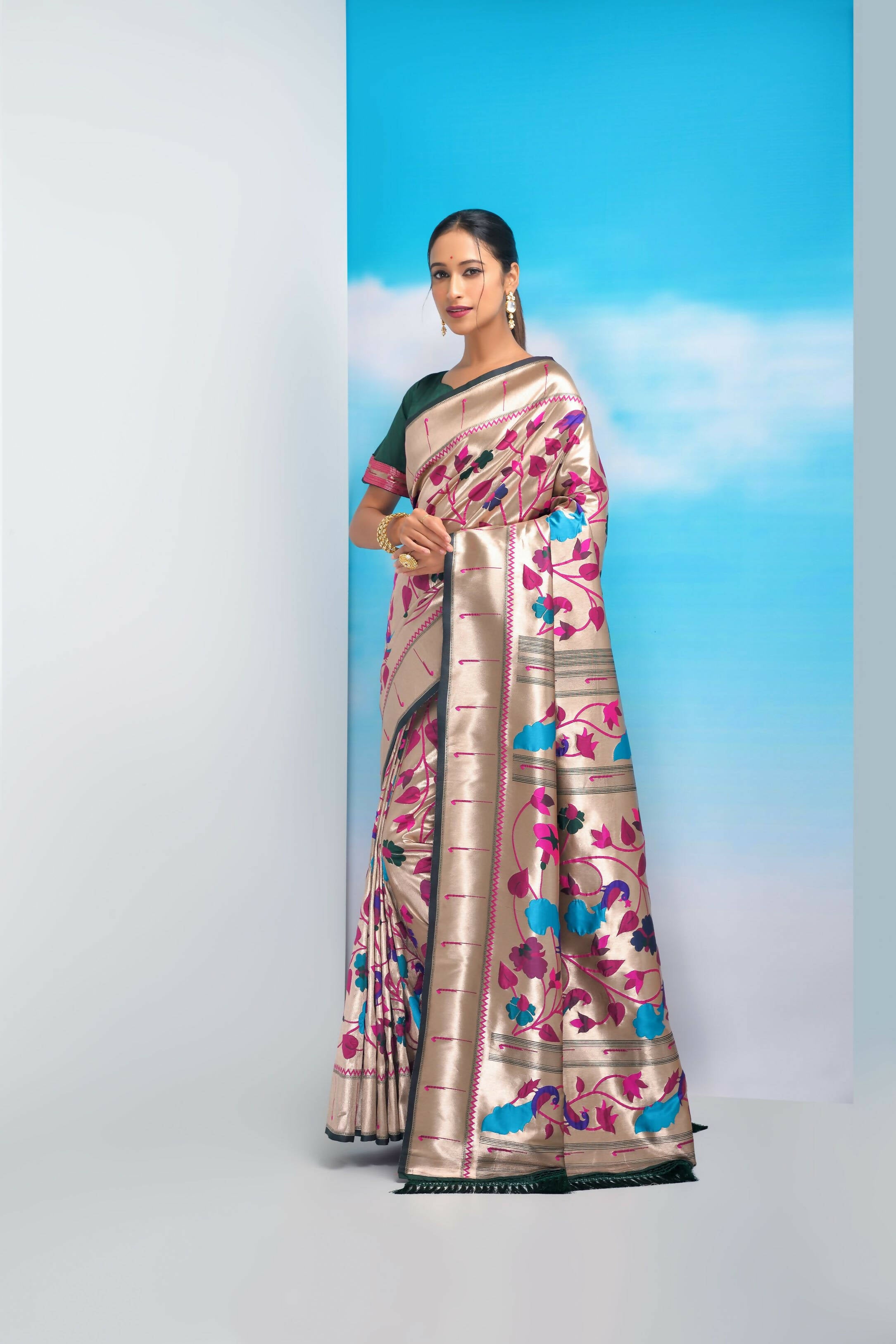 Vishnu Weaves Women's Bottle Green Paithani Silk Minakari Zari Woven Saree with Unstitched Blouse - Distacart