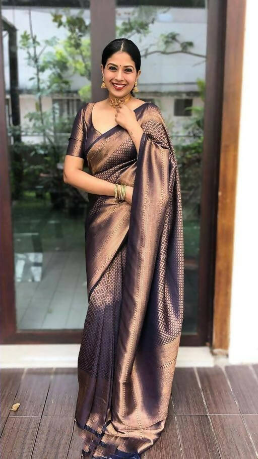 DEIANA'S Beautiful Golden Jari with New Design Soft Lichi Silk Saree - Navy Blue - Distacart