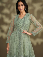 Thumbnail for Sea Green Crepe Silk Sequence Embroidered With Stone & Sequence Work Jacket Saree With Stitched Blouse - Mohmanthan La Belle - Distacart