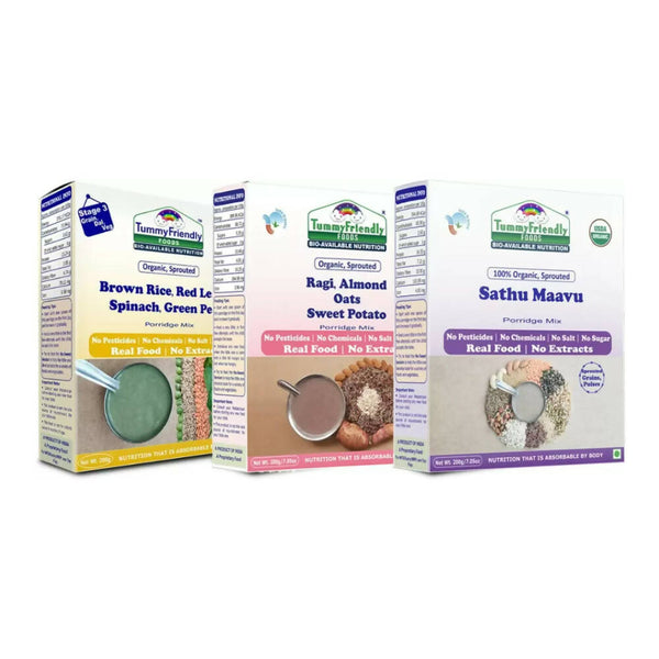 TummyFriendly Foods Stage3 Sprouted Ragi, Brown Rice, Oats, Sathu Maavu, Pulses, Vegetables & Fruit Porridge Mixes For 8 Months - Distacart